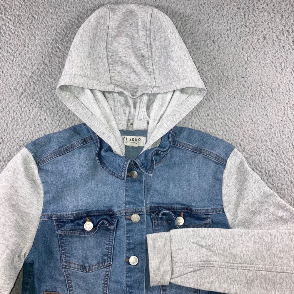 Ci Sono Hooded Denim Mixed Media Jacket S Gray Fleece Sleeve Hybrid Trucker